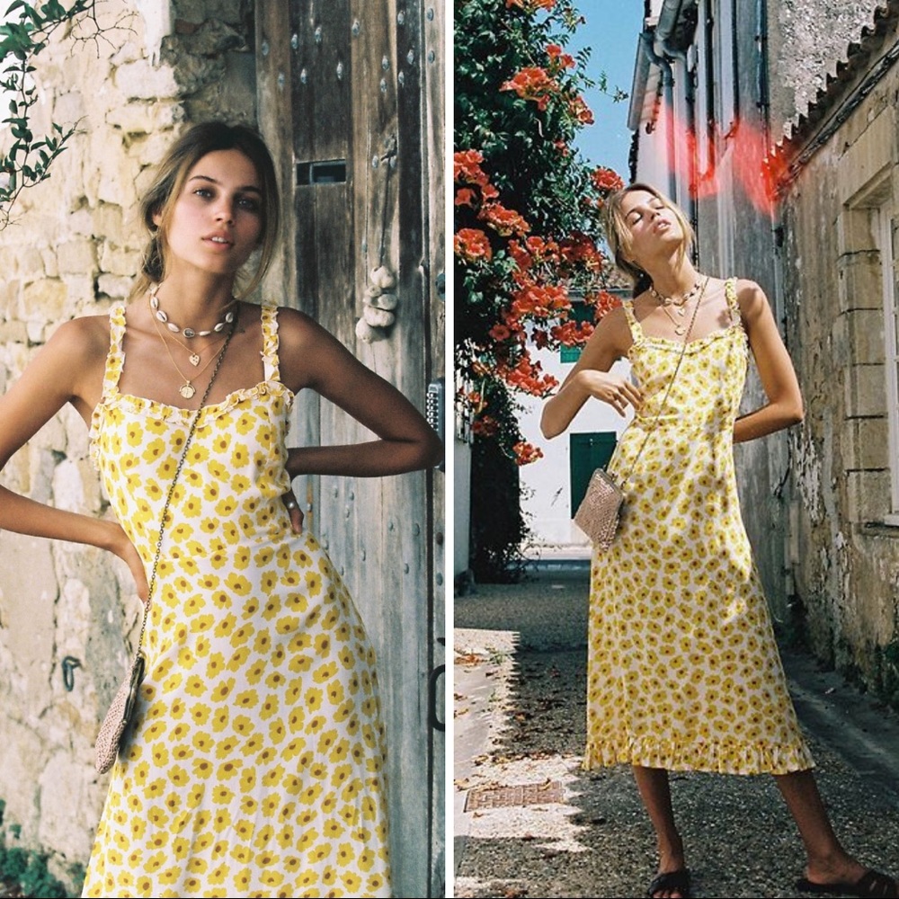 Faithfull the Brand Yellow Floral Midi Dress